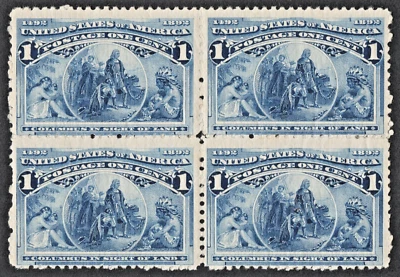 US Sc# 230 *MINT OG H* { BLOCK OF 4 } 1c COLUMBUS IN SIGHT OF LAND FROM 1893 - Image 1 of 2
