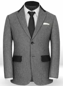 Tuta uomo grigia spina di pesce tweed check festa sposo smoking matrimonio ballo 2 pezzi - Foto 1 di 12