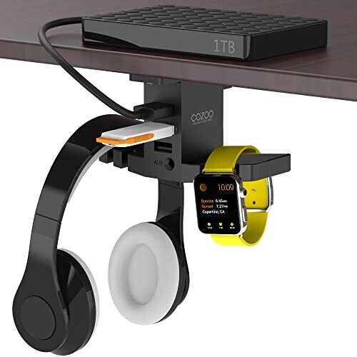 cozoo Headphone Stand with USB Hub Under Desk Headset Hanger Mount Dual Hook ...
