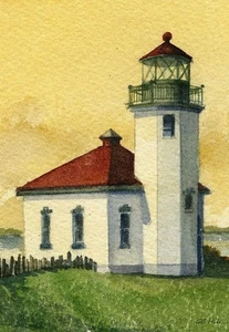 Alki Point Lighthouse, Elliott Bay, Seattle Washington. Gerald Hill Notecards - Picture 1 of 2