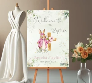 Personalised Pink Rabbit christening Welcome sign, A3 poster, banner, backdrop - Picture 1 of 2