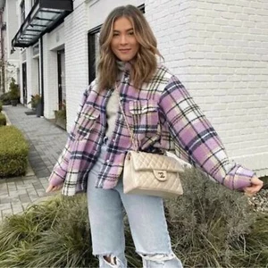 ZARA Women's Lilac Embellished Plaid Shacket Jewel Buttons Long Sleeve Purple - Picture 1 of 9