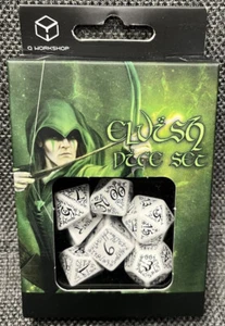 ELVISH Dice Set (7) by Q-Workshop White / Black D&D RPG NEW - Picture 1 of 3