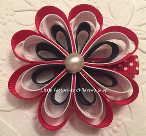 Red White Navy Patriotic Polka Dot Flower Hair Clip - Picture 1 of 2