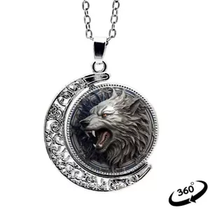 Crescent Half Moon 360° Rotating Round Wolf Pendant Charm & Necklace Jewelry - Picture 1 of 4