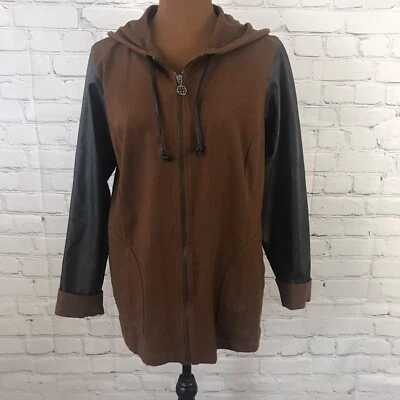 Linea Leisure Zip Front Hoodie Faux Leather Sleeves Jacket Size L Brown Black - Image 1 of 4