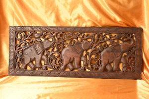 Wandbild: Elefanten & Dekor - Holz Schnitzerei Kunsthandwerk - Vintage Asien - Bild 1 von 14