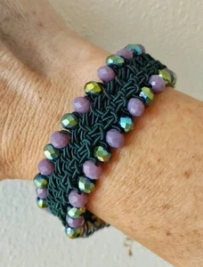 Bracciale Uncinetto A Fascia Verde Con Cristalli - Foto 1 di 6