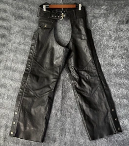 Harley-Davidson Chaps Leather M Black Biker Zip Snap Motorcycle Riding - Picture 1 of 14