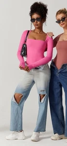 Neu Gr. Small Medium 🌸 rosa doppelt gefütterter Langarm Damen Body eckiger Ausschnitt - Bild 1 von 8