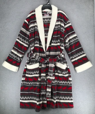 Lazy One Sherpa Fleece Bath Robe Adult Size L/XL Belted Moose Tribal Design - Image 1 of 4