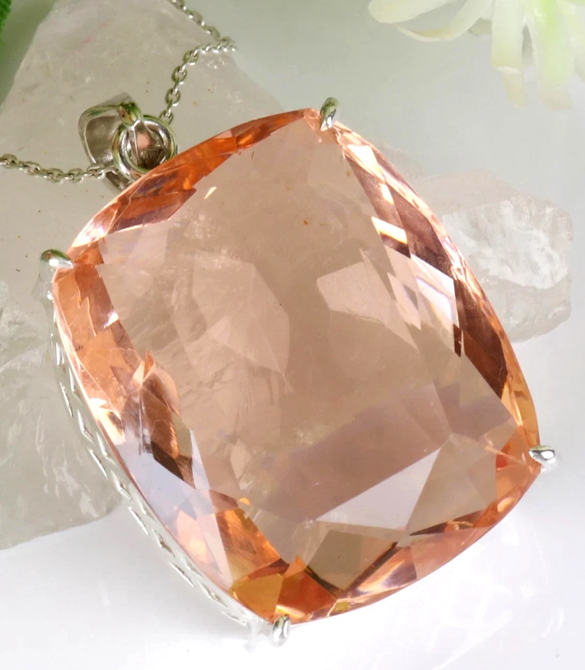 97.40 Ct. Large Peach Topaz Cushion Cut 925 Sterling Silver Pendant Gift 4 Women - Image 1 of 4