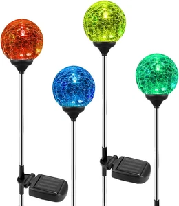Solar Globe Lights Outdoor 4 Pack Garden Stake Lights Waterproof Cracked Crystal - Picture 1 of 7