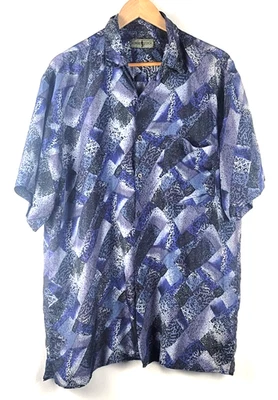 Vintage Robert Stock Camisa grande de hombre 100% seda azul abstracto geométrico 90s Foto 1 de 4