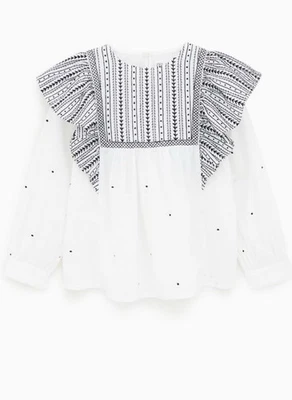 Zara Kids White Black Embroidered  Blouse Size 13/14 Long Sleeve Top - Image 1 of 4