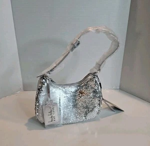 Nicole Miller Mermaid Silver Sequin Boho Bag 8x6 Adjustable Strap Shoulder Bag - Picture 1 of 5