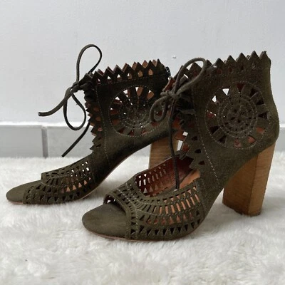 Zapatos para mujer Jeffrey Campbell verde oscuro punta abierta con cordones botín recortado 7,5 Foto 1 de 4