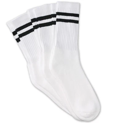12 Pairs 1 Dozen Crew White Socks with 2 Black Stripes Classic Retro Old School - Image 1 of 4