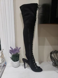 Breckelles Randi Faux Suede Lace Up Over Knee Stiletto Boot Heels Size 7 womens - Picture 1 of 12