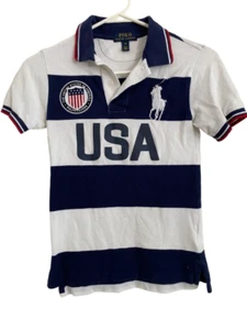 Ralph Lauren USA Olympics Polo Striped Blue White Big Pony Shirt Boys sz 8 Small - Picture 1 of 5