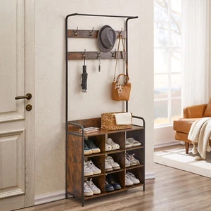 Garderobe, Flurbaum mit Schuhregal für Eingang 3-in-1,7 Haken, Hängestange rustikal - Bild 1 von 6