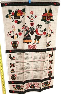 Vtg 1980 Tea Towel Linen Calendar Parisian Prints Pennsylvania Dutch Red & Black - Picture 1 of 17