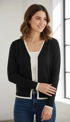 Cárdigan suéter para mujer Oscar de la Renta manga larga mezcla de seda negro talla S Foto 1 de 4