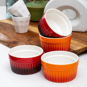 Set Of 4 Ombre Ramekin Dishes Red Orange Stoneware 200ml Round Serving Bowl Pots - Picture 1 of 4