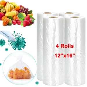 4 Rolls Clear Plastic Produce Bags 12x16" Grocery Kitchen Vegetable Food Storage - Picture 1 of 9