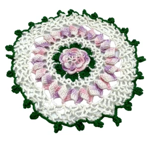 Handmade crocheted Doily raised pink rose white lavender green 7in - Picture 1 of 4