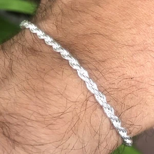 Real Genuine Solid 925 Sterling Silver Rope Bracelet 3mm 8 Inches Mens - Picture 1 of 6