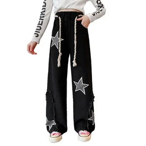 Kids Girls Jeans Wide Leg Jeans Baggy Trousers Cute Stars Print Denim Pants - Picture 1 of 29