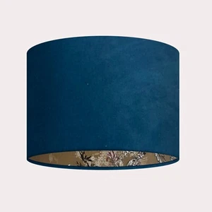 Teal Blue Velvet Gold Oriental Japanese Crane Bird Drum Lampshade - Picture 1 of 5