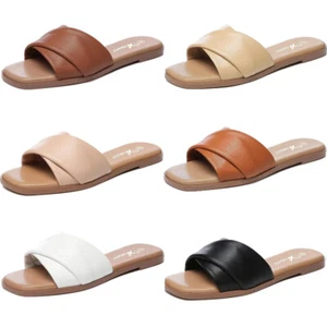 Women Summer Slide Sandals Square Open Toe Lightweight Slip On Flat Sandals - Picture 1 of 38