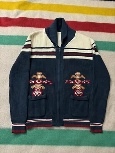 Vintage Unbranded Hand Knit Totem Pole Native Cowichan Cardigan Large - Picture 1 of 15