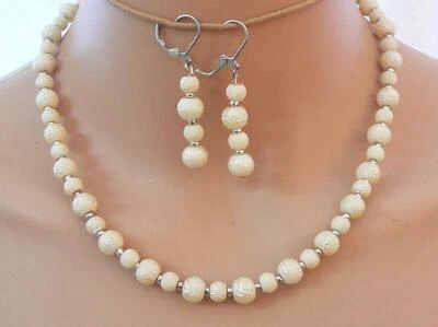 Schmuck Set Halskette Ohrringe Perlen Glas Krepp champagner Beige   310b - Bild 1 von 4