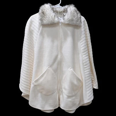 Le Moda feminina de lã com zíper capa envoltório tamanho único marfim dois tons colarinho de pele sintética - Imagem 1 de 4