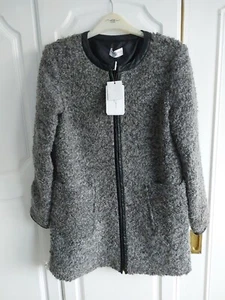 Ladies Grey And Black Wool Type Coat Faux Leather Trim Size 10 - Picture 1 of 9