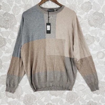 全新带标签 Bachrach 白金棉圆领毛衣男式 L 色块 — 第 1/4 张图片