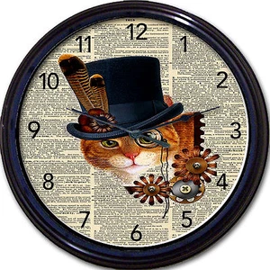 Steampunk Wörterbuch Katze Wanduhr viktorianisch Gothic Top Mütze Kätzchen Zahnräder Monokel - Bild 1 von 1