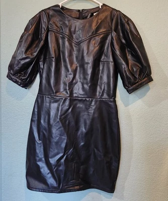H&M Faux Leather Fleece Lined Puff Sleeve Mini Dress Black Sz Small Goth Biker - Image 1 of 4