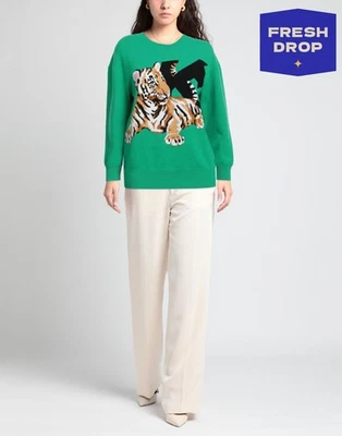 RRP €420 KRIZIA Wool Jumper IT38 US2 UK6 XS Cashmere Blend Green Tiger Intarsia - Image 1 of 4