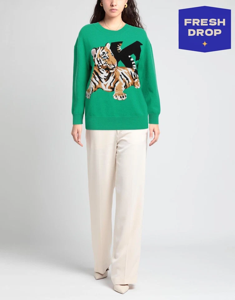 RRP €420 KRIZIA Wool Jumper IT38 US2 UK6 XS Cashmere Blend Green Tiger Intarsia - Image 1 of 4