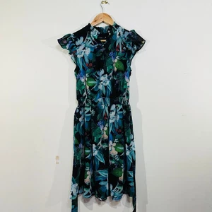 Portmans Floral Dress Black Blue Green Sheer Flutter Sleeve 8 Ruched Neckline - Picture 1 of 22