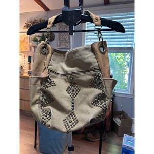 Lucky Brand Los Angeles Studded Hobo Bag Canvas Tan Leather Accent - Bild 1 von 8