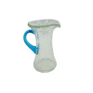 Vintage Clear Crackle Glass Mini Pitcher w/Blue Glass Handle 4" - Picture 1 of 6
