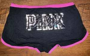 Victoria's Secret Pink Glitzer Logo Schlafsaal Boyshort Höschen schwarz pink Folie L XL neu mit Etikett - Bild 1 von 10