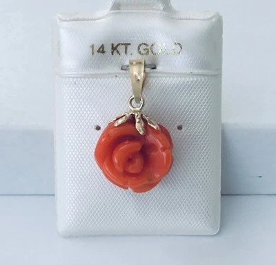 Small  Solid 14K  Gold  Genuine  Red Coral  Hand Carved Rose Flower  Pendant NEW - Image 1 of 4