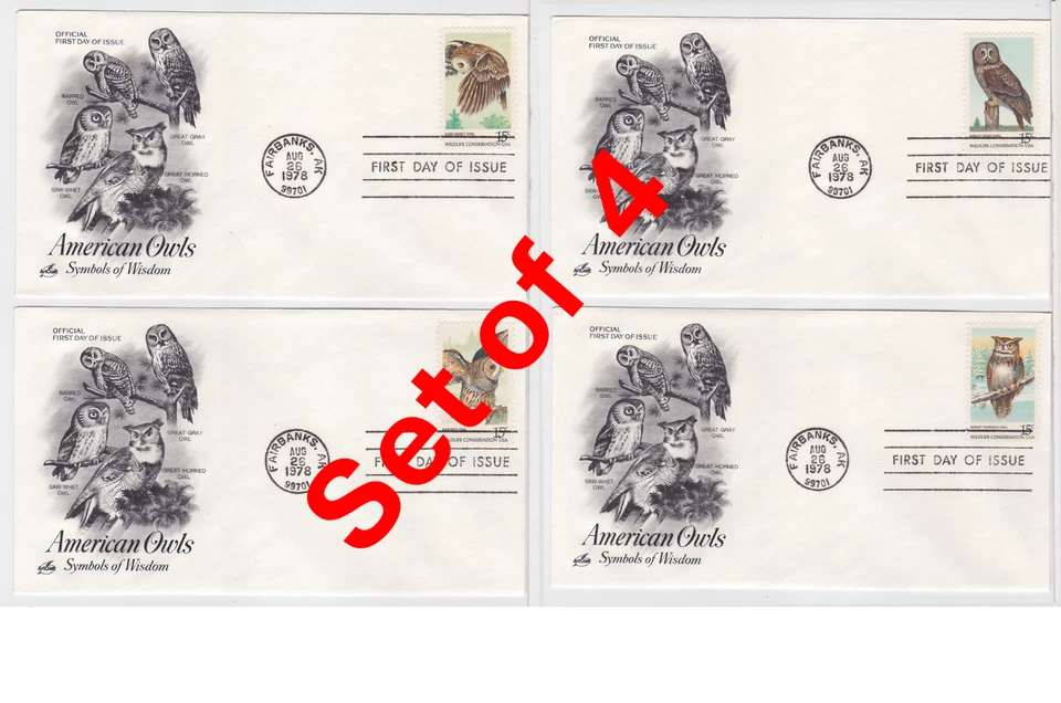 TurtlesTradingPost- American Owls 1978 #1760-63  FDC- Artcraft -  4 Covers - Image 1 of 1