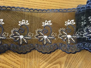 2 Yards Navy Blue Embroidered Border Lace Trim with Black Tulle /Sewing/4" Wide - Picture 1 of 11